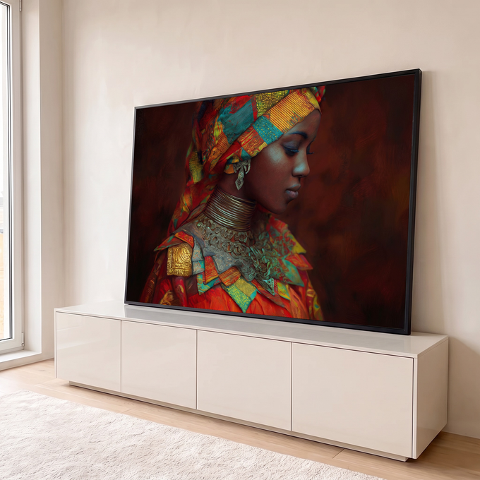 Mulher negra de perfil com turbante africano colorido e colares dourados em fundo vermelho, quadro decorativo