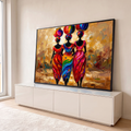 Três mulheres africanas de costas com potes coloridos na cabeça em pintura a óleo dourada, quadro decorativo