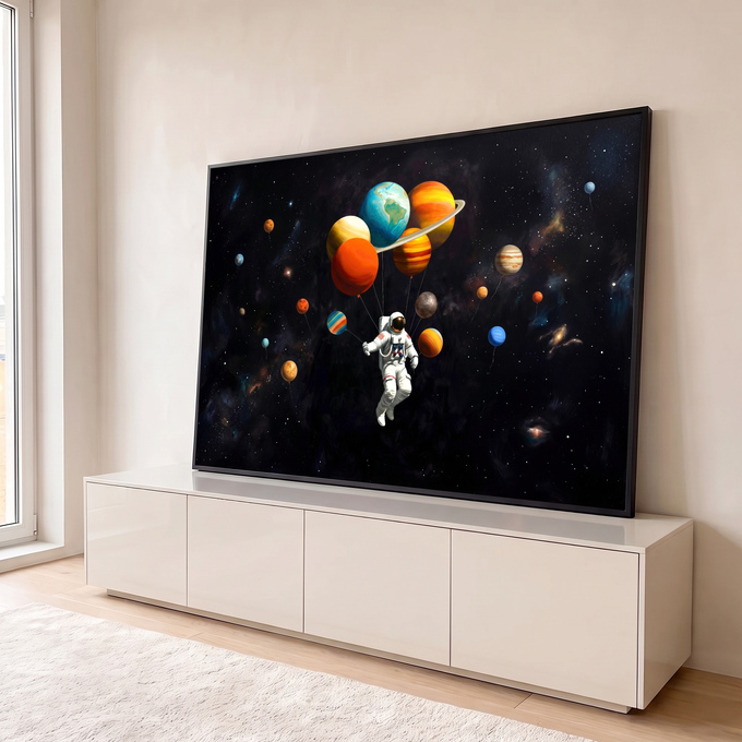 Astronauta flutuando no espaço segurando balões em forma de planetas coloridos, quadro decorativo