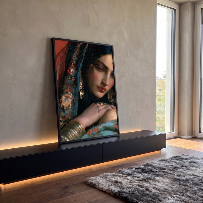 Quadro Decorativo Retrato de Mulher com Véu Azul e Joias | quadros decorativos para sala | retrato de mulher com véu azul bordado, joias douradas e olhar baixo, pintura texturizada | em Quadros para Sala | Porao dos Quadros