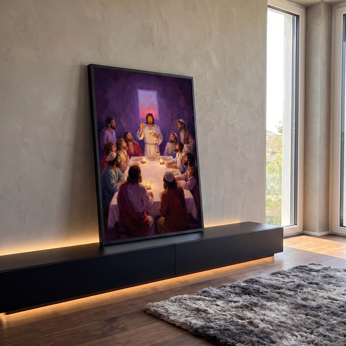 Quadro Decorativo Grande Última Ceia de Jesus para Sala Roxo | quadros decorativos para sala | Última Ceia com Jesus e doze apóstolos à mesa iluminada por velas em tons roxos | em Quadros para Sala | Porao dos Quadros