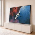 Quadro Decorativo Grande Nave Espacial Branca para Sala Azul | quadros decorativos para sala | nave espacial branca sobrevoando planeta azul com nebulosa vermelha ao fundo | em Quadros para Sala | Porao dos Quadros