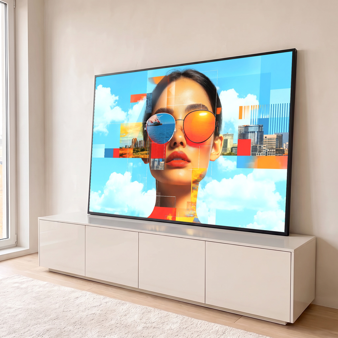 Retrato de mulher com óculos espelhados refletindo o mar em colagem urbana com céu azul, quadro decorativo