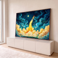 Foguete decolando rumo à lua em céu estrelado azul com redemoinhos e nuvens de fogo douradas, quadro decorativo
