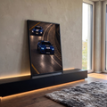 Quadro Decorativo Grande Mustang Shelby GT500 para Sala Azul | quadros decorativos para sala | dois carros esportivos azuis com listras brancas em pista noturna iluminada | em Quadros para Sala | Porao dos Quadros