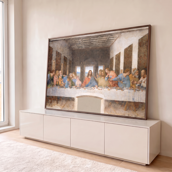 Quadro Decorativo Grande Santa Ceia Sala para Sala Marrom | quadros decorativos para sala | afresco clássico de treze homens sentados a uma longa mesa em salão renascentista | em Quadros para Sala | Porao dos Quadros