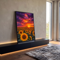 Campo de girassóis amarelos sob céu roxo e laranja com sol se pondo atrás de colina, quadro decorativo