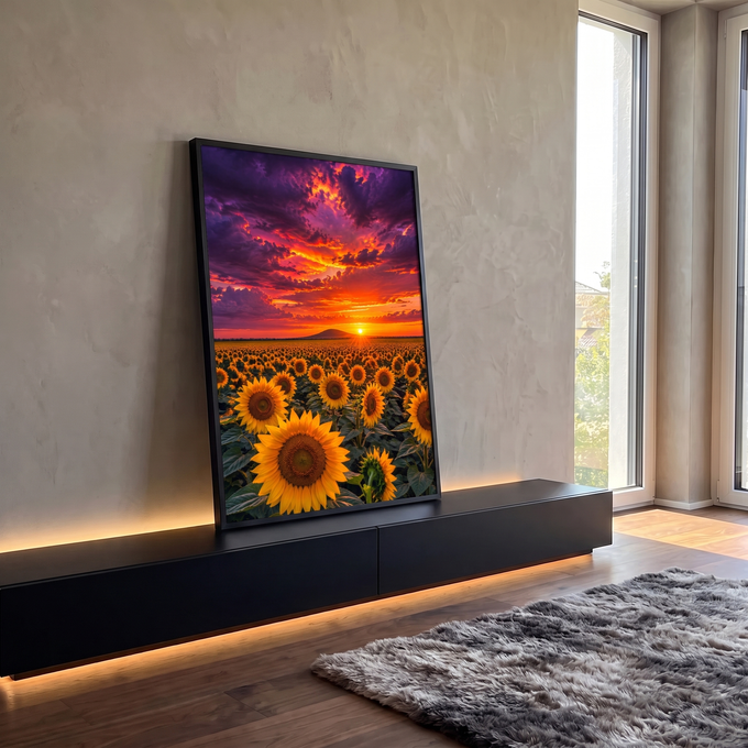Campo de girassóis amarelos sob céu roxo e laranja com sol se pondo atrás de colina, quadro decorativo