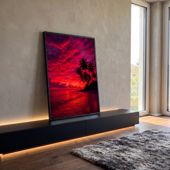 Céu vermelho em chamas sobre praia tropical com coqueiros em silhueta e mar refletido, quadro decorativo