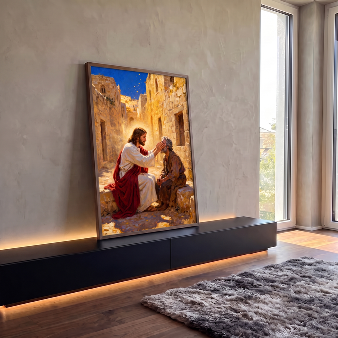 Quadro Decorativo Grande Jesus Curando Dourado para Sala | quadros decorativos para sala | Jesus toca o rosto de um homem idoso em rua de pedra dourada ao entardecer | em Quadros para Sala | Porao dos Quadros