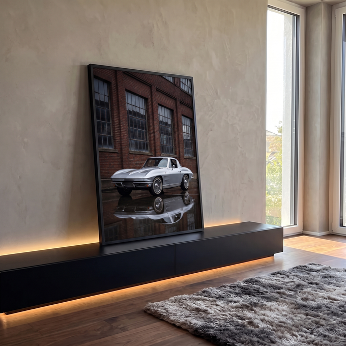 Corvette Stingray prata clássico refletido em piso molhado diante de fachada de tijolos, quadro decorativo
