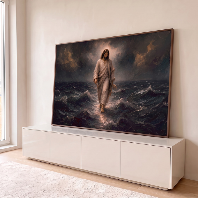 Jesus de túnica clara caminhando sobre ondas revoltas sob céu tempestuoso, pintura a óleo, quadro decorativo