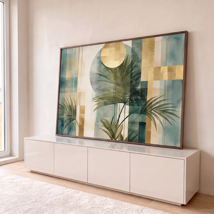 Folhas de palmeira verdes sobre blocos geométricos e sol em folha de ouro, quadro decorativo