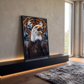 Quadro Decorativo Grande Águia e Tigre para Sala Branco | quadros decorativos para sala | águia de cabeça branca com bico aberto sobre fundo com rosto de tigre desfocado | em Quadros para Sala | Porao dos Quadros