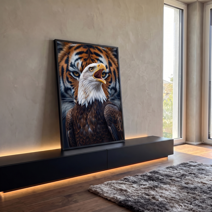 Quadro Decorativo Grande Águia e Tigre para Sala Branco | quadros decorativos para sala | águia de cabeça branca com bico aberto sobre fundo com rosto de tigre desfocado | em Quadros para Sala | Porao dos Quadros