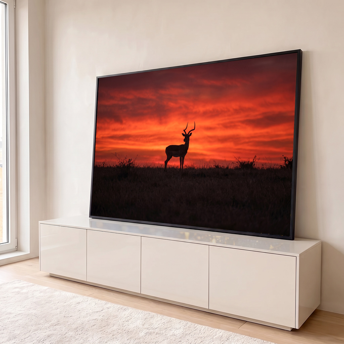 Quadro Decorativo Grande Antílope em Silhueta para Sala | quadros decorativos para sala | antílope em silhueta contra céu vermelho intenso de pôr do sol africano | em Quadros para Sala | Porao dos Quadros