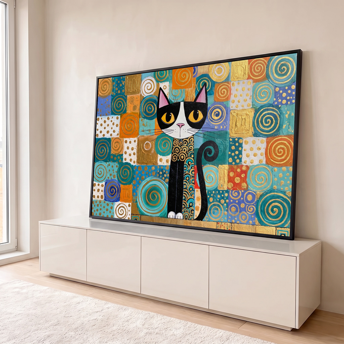Quadro Decorativo Grande Gato Preto para Sala Dourado | quadros decorativos para sala | gato preto e branco estilizado com padrões dourados sobre fundo em mosaico colorido | em Quadros para Sala | Porao dos Quadros