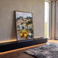 Cestas de limões, vasos de cerâmica azul e scooter amarela diante da vila de Positano, quadro decorativo