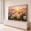 Quadro Decorativo Grande Campo de Tulipas para Sala Branco | quadros decorativos para sala | campo de tulipas brancas com orvalho ao nascer do sol entre névoa | em Quadros para Sala | Porao dos Quadros