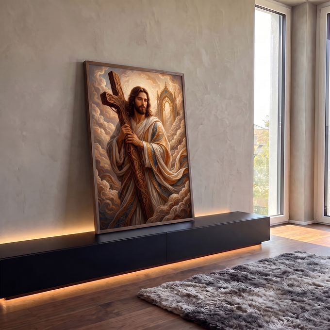 Quadro Decorativo Grande Jesus Cristo Cruz para Sala Dourado | quadros decorativos para sala | Jesus Cristo segurando cruz de madeira entalhada em cenário celestial dourado | em Quadros para Sala | Porao dos Quadros