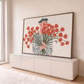 Quadro Decorativo Grande Pessoa de Boina para Sala Vermelho | quadros decorativos para sala | figura de boina segurando grande buquê de flores vermelhas sobre fundo bege | em Quadros para Sala | Porao dos Quadros