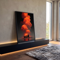 Nuvem de fogo laranja sobre ilha com pinheiros em silhueta, refletida em lago noturno, quadro decorativo