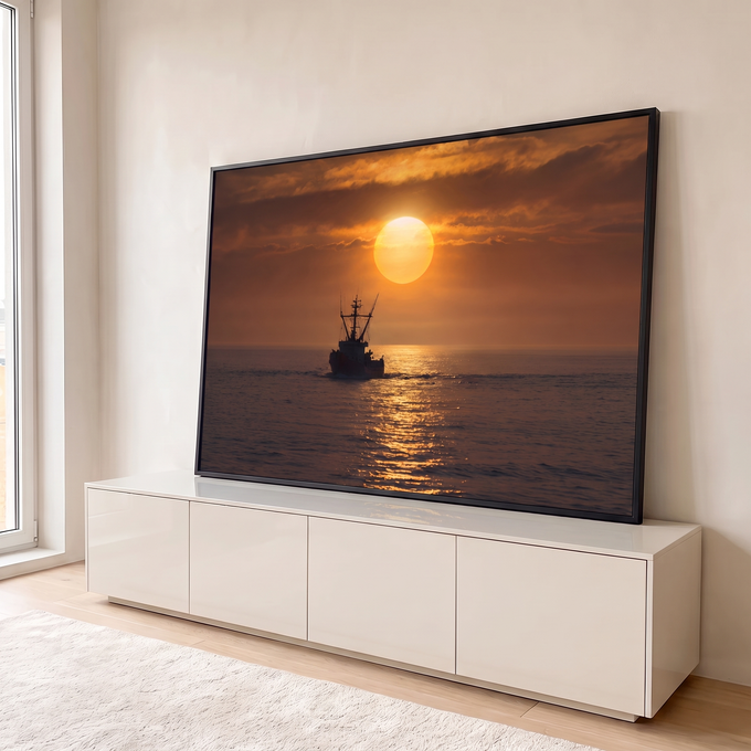 Quadro Decorativo Grande Barco de Pesca Pôr do Sol para Sala | quadros decorativos para sala | silhueta de barco de pesca navegando sob sol dourado ao entardecer no mar | em Quadros para Sala | Porao dos Quadros