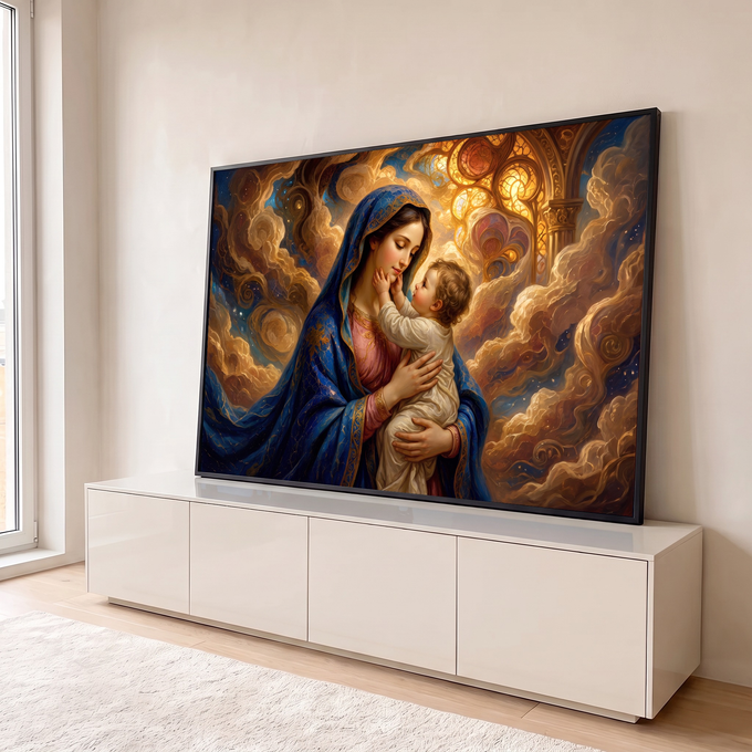 Nossa Senhora de manto azul abraça o Menino Jesus entre nuvens douradas e vitral iluminado, quadro decorativo