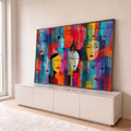 Quadro Decorativo Grande Rostos Femininos para Sala Azul | quadros decorativos para sala | múltiplos rostos femininos estilizados em linhas pretas sobre fundo colorido em blocos geométricos | em Quadros para Sala | Porao dos Quadros