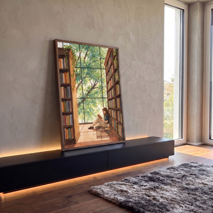 Quadro Decorativo Grande Mulher Lendo para Sala Verde | quadros decorativos para sala | mulher sentada lendo livro entre estantes com janela de folhas verdes em aquarela | em Quadros para Sala | Porao dos Quadros