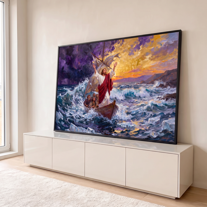 Jesus no barco com apóstolos acalmando o mar revolto sob céu roxo e dourado, quadro decorativo