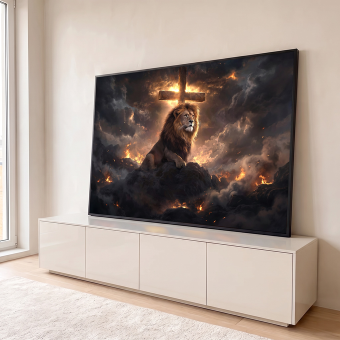 Leão de Judá sentado em rocha diante de cruz iluminada, entre chamas e nuvens escuras, quadro decorativo