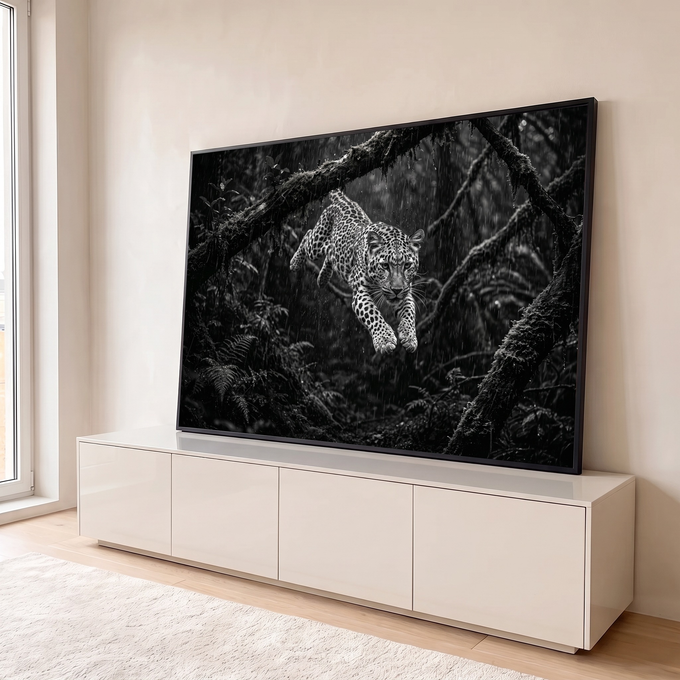 Quadro Decorativo Grande Leopardo Saltando para Sala Preto | quadros decorativos para sala | leopardo saltando de um galho na chuva, em preto e branco | em Quadros para Sala | Porao dos Quadros