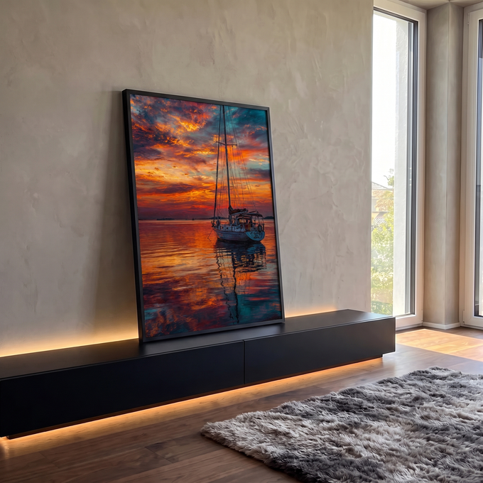Veleiro ancorado em mar calmo refletindo céu de pôr do sol laranja e azul em pintura, quadro decorativo