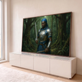 Ogum guerreiro de armadura prateada e turbante azul com duas espadas na floresta verde, quadro decorativo