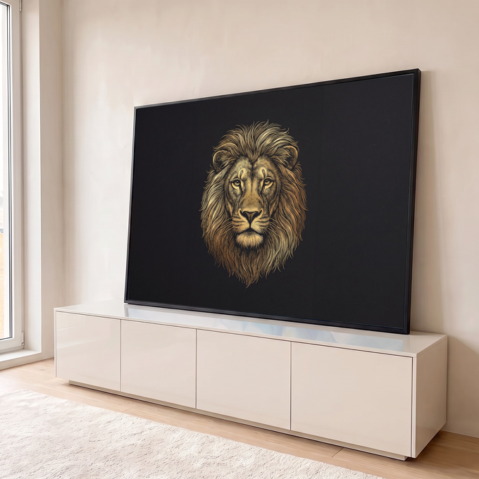 Rosto de leão de frente com juba em traços finos dourados sobre fundo preto, quadro decorativo