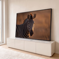 Zebra em close com listras preto e branco iluminada pelo pôr do sol na savana, quadro decorativo