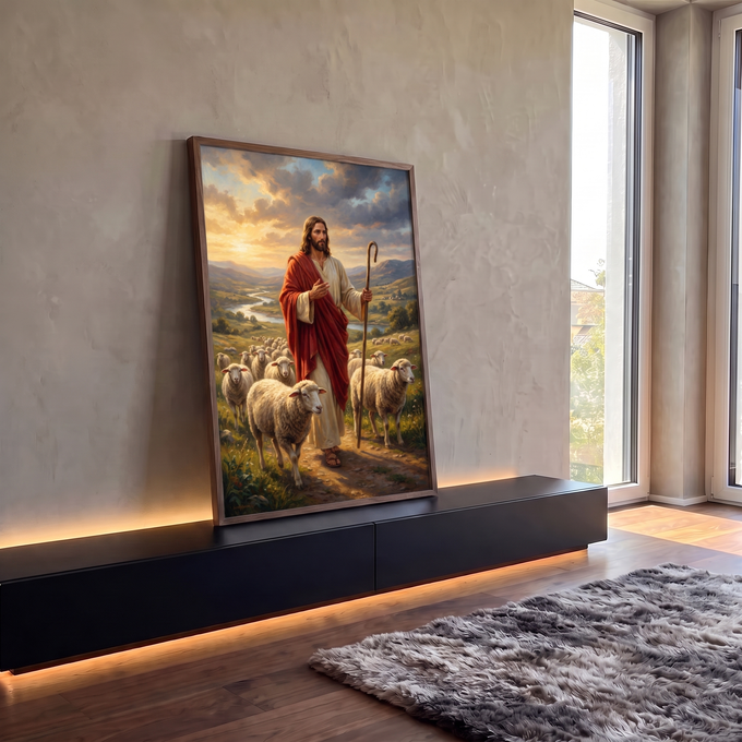 Quadro Decorativo Grande Jesus Bom Pastor para Sala Vermelho | quadros decorativos para sala | Jesus em manto vermelho segurando cajado cercado de ovelhas em paisagem dourada | em Quadros para Sala | Porao dos Quadros