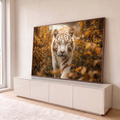 Quadro Decorativo Grande Tigre com Listras para Sala Branco | quadros decorativos para sala | tigre branco com listras douradas olhando de frente entre folhas de outono | em Quadros para Sala | Porao dos Quadros
