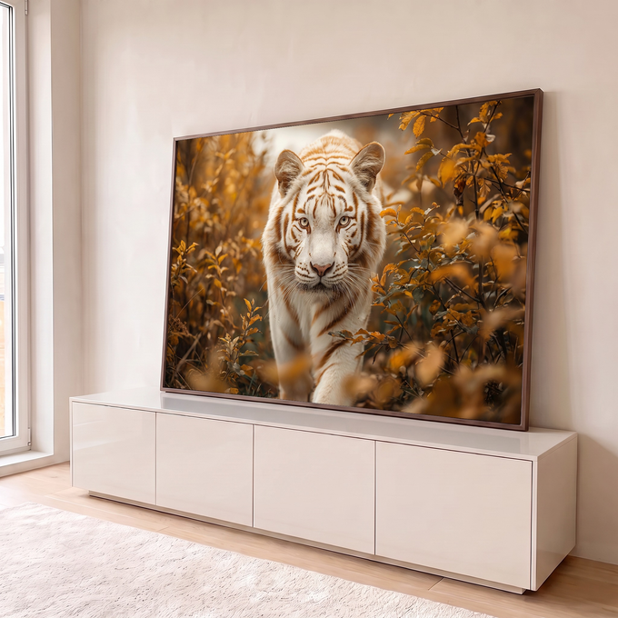 Quadro Decorativo Grande Tigre com Listras para Sala Branco | quadros decorativos para sala | tigre branco com listras douradas olhando de frente entre folhas de outono | em Quadros para Sala | Porao dos Quadros