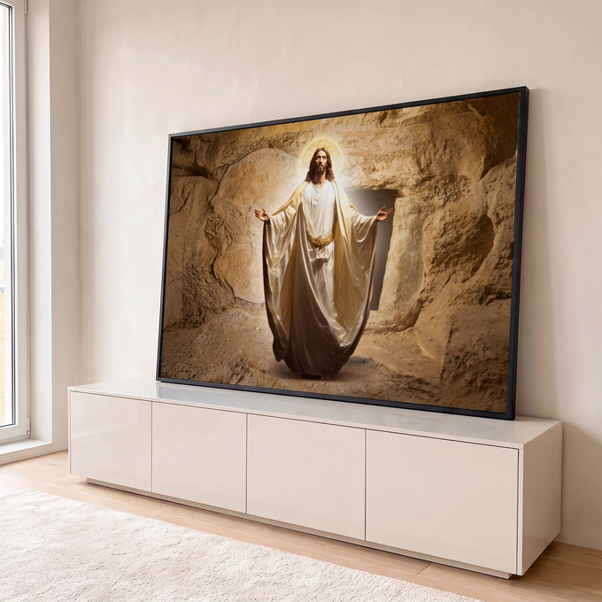 Quadro Decorativo Grande Jesus Cristo Tumba para Sala Bege | quadros decorativos para sala | Jesus Cristo de braços abertos saindo da tumba com auréola dourada | em Quadros para Sala | Porao dos Quadros