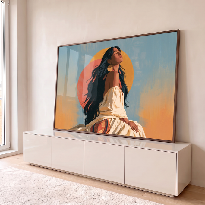 Ilustração de mulher indígena de cabelos longos e olhos fechados diante de sóis laranja, quadro decorativo