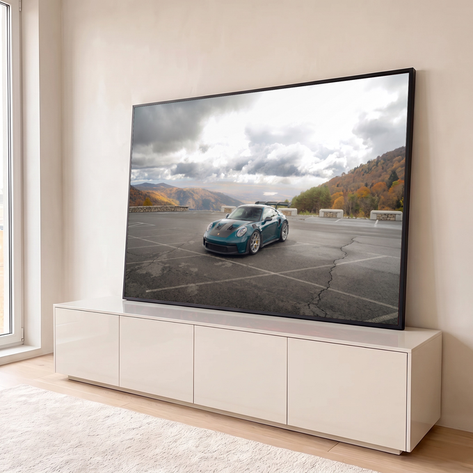 Quadro Decorativo Grande Carro Verde Petróleo para Sala | quadros decorativos para sala | carro esportivo verde-petróleo em mirante com montanhas de outono ao fundo | em Quadros para Sala | Porao dos Quadros