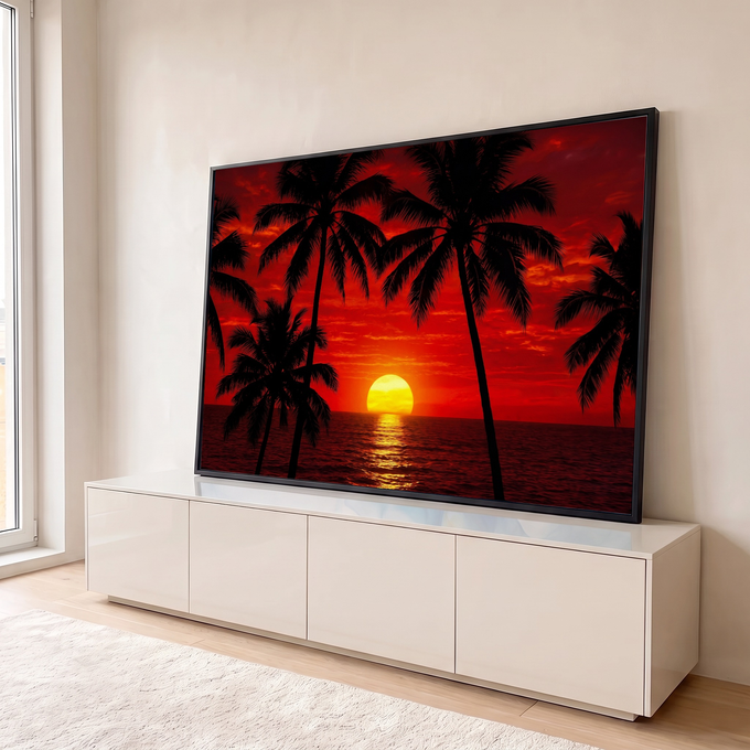 Quadro Decorativo Grande Pôr do Praia para Sala Vermelho | quadros decorativos para sala | silhuetas de palmeiras emoldurando pôr do sol dourado sobre o mar com céu vermelho | em Quadros para Sala | Porao dos Quadros
