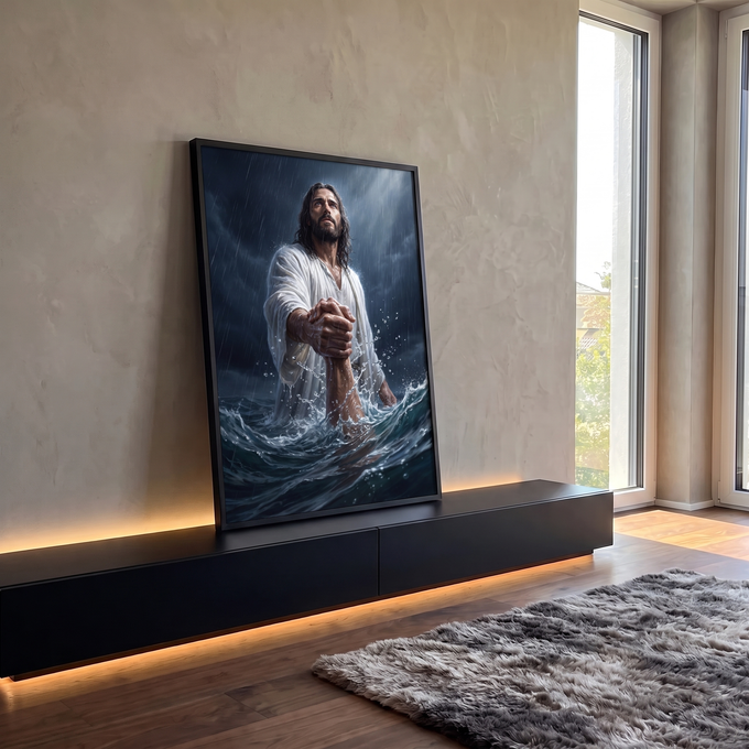 Quadro Decorativo Grande Jesus Salvando para Sala Branco | quadros decorativos para sala | homem de túnica branca segurando braço de alguém na água durante tempestade | em Quadros para Sala | Porao dos Quadros