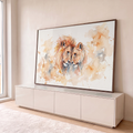 Quadro Decorativo Grande Casal de Leões Laranja para Sala | quadros decorativos para sala | leão e leoa encostando as cabeças em aquarela com tons terrosos e respingos | em Quadros para Sala | Porao dos Quadros