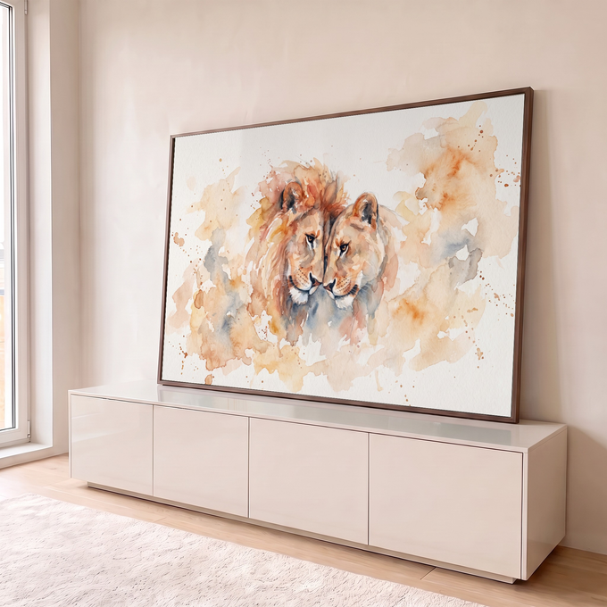 Quadro Decorativo Grande Casal de Leões Laranja para Sala | quadros decorativos para sala | leão e leoa encostando as cabeças em aquarela com tons terrosos e respingos | em Quadros para Sala | Porao dos Quadros