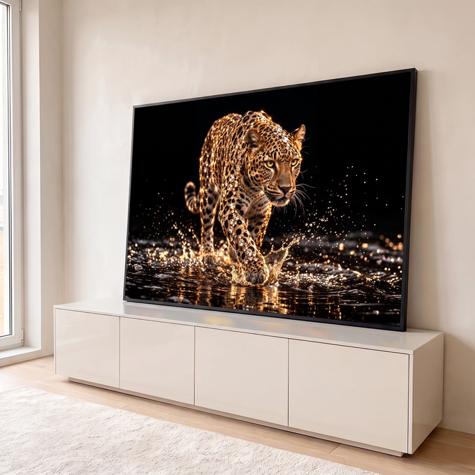 Leopardo cravejado de cristais caminhando na água com respingos dourados e fundo preto, quadro decorativo