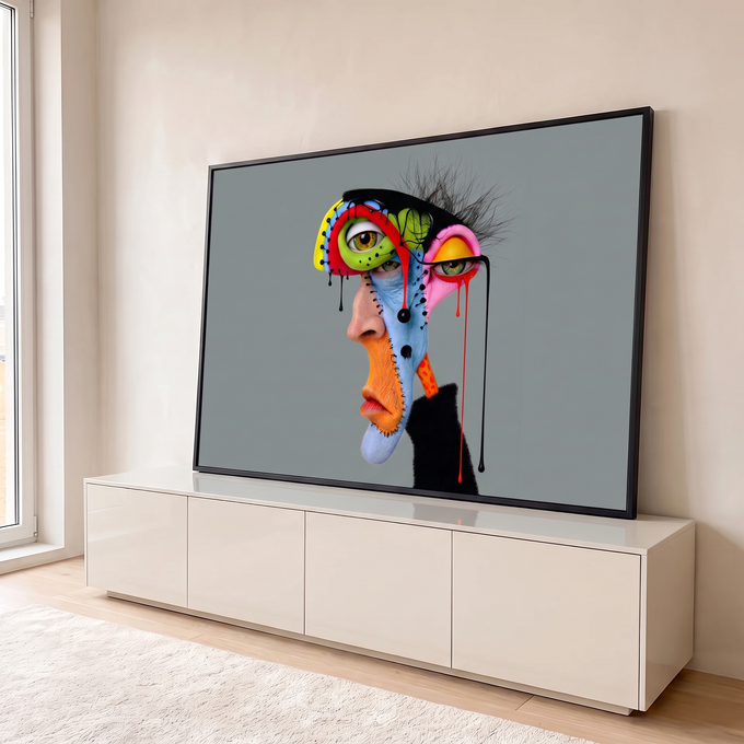 Rosto surreal em perfil com costuras, vários olhos, cores vivas e tinta escorrendo, fundo cinza, quadro decorativo
