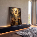 Quadro Decorativo Grande Ascensão de Jesus para Sala Dourado | quadros decorativos para sala | Jesus Cristo ascendendo ao céu entre raios dourados, com apóstolos olhando de baixo | em Quadros para Sala | Porao dos Quadros